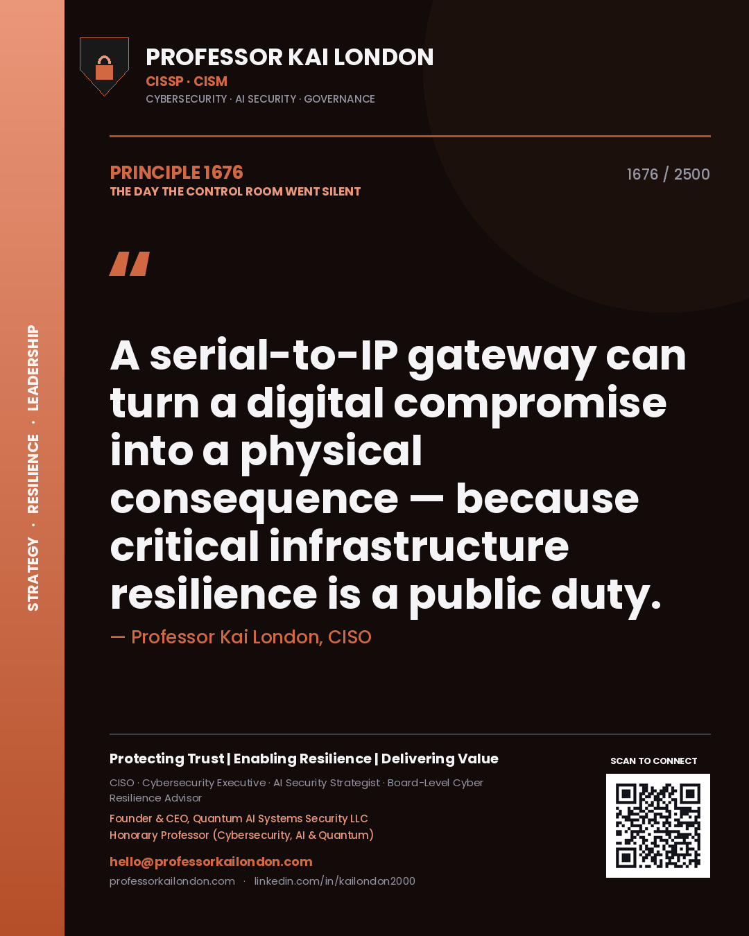 Professor Kai London principle 1676: A serial-to-IP gateway can turn a digital compromise into a physical consequence — because critical infrastructure resilience is a public duty.