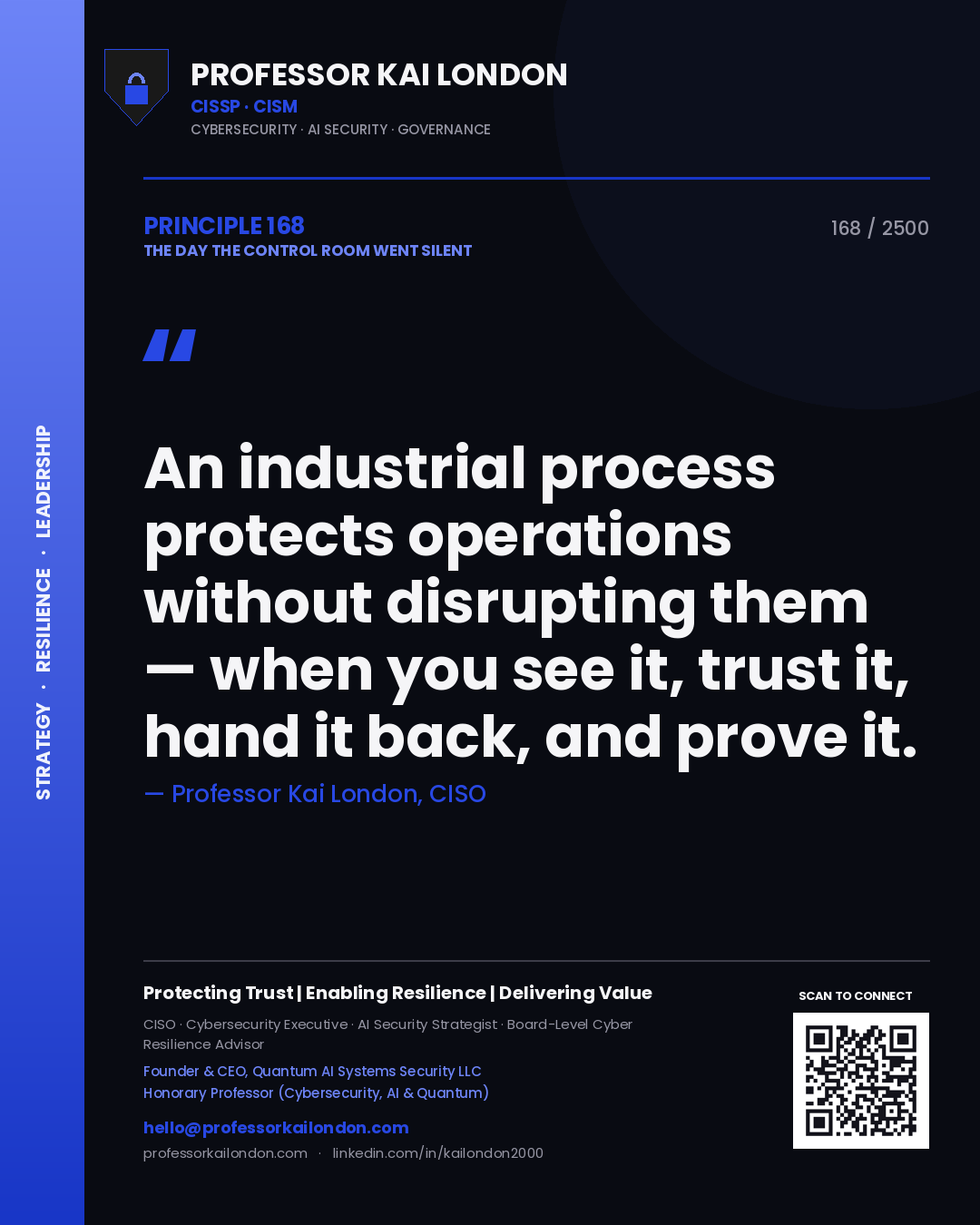 Professor Kai London principle 168: An industrial process protects operations without disrupting them — when you see it, trust it, hand it back, and prove it.