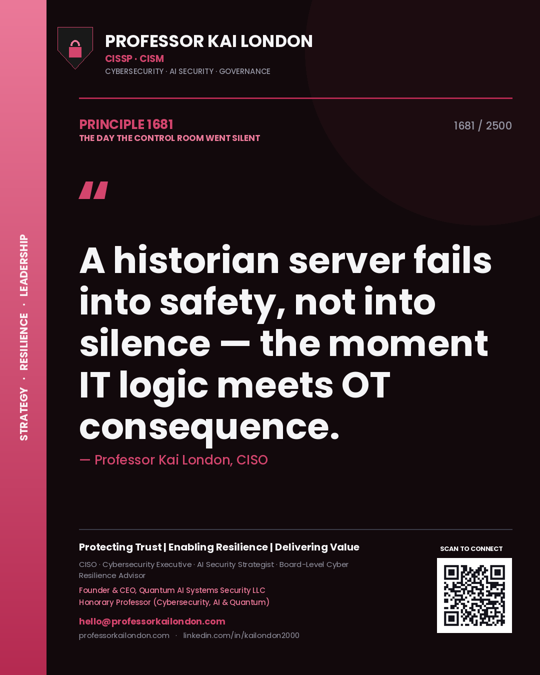 Professor Kai London principle 1681: A historian server fails into safety, not into silence — the moment IT logic meets OT consequence.