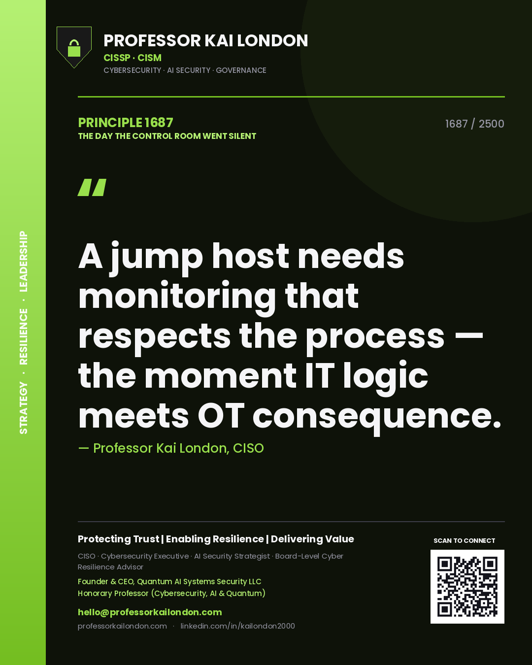 Quote card by Professor Kai London reading 'A jump host needs monitoring that respects the process — the moment IT logic meets OT consequence.'. From the book The Day the Control Room Went Silent.