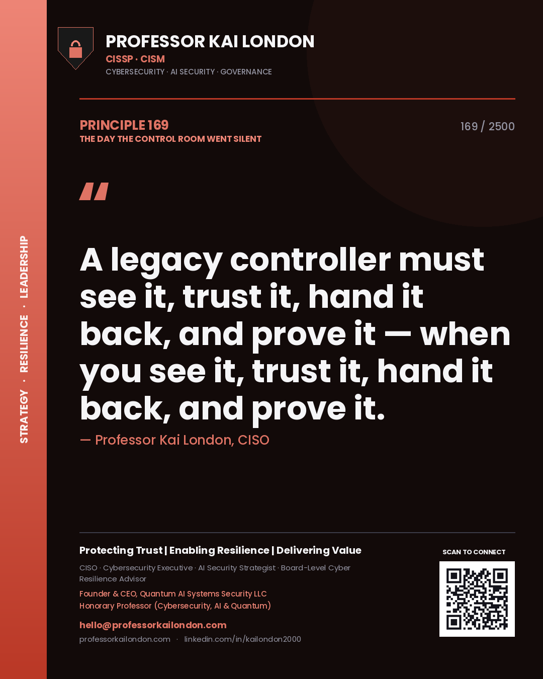 Professor Kai London principle 169: A legacy controller must see it, trust it, hand it back, and prove it — when you see it, trust it, hand it back, and prove it.