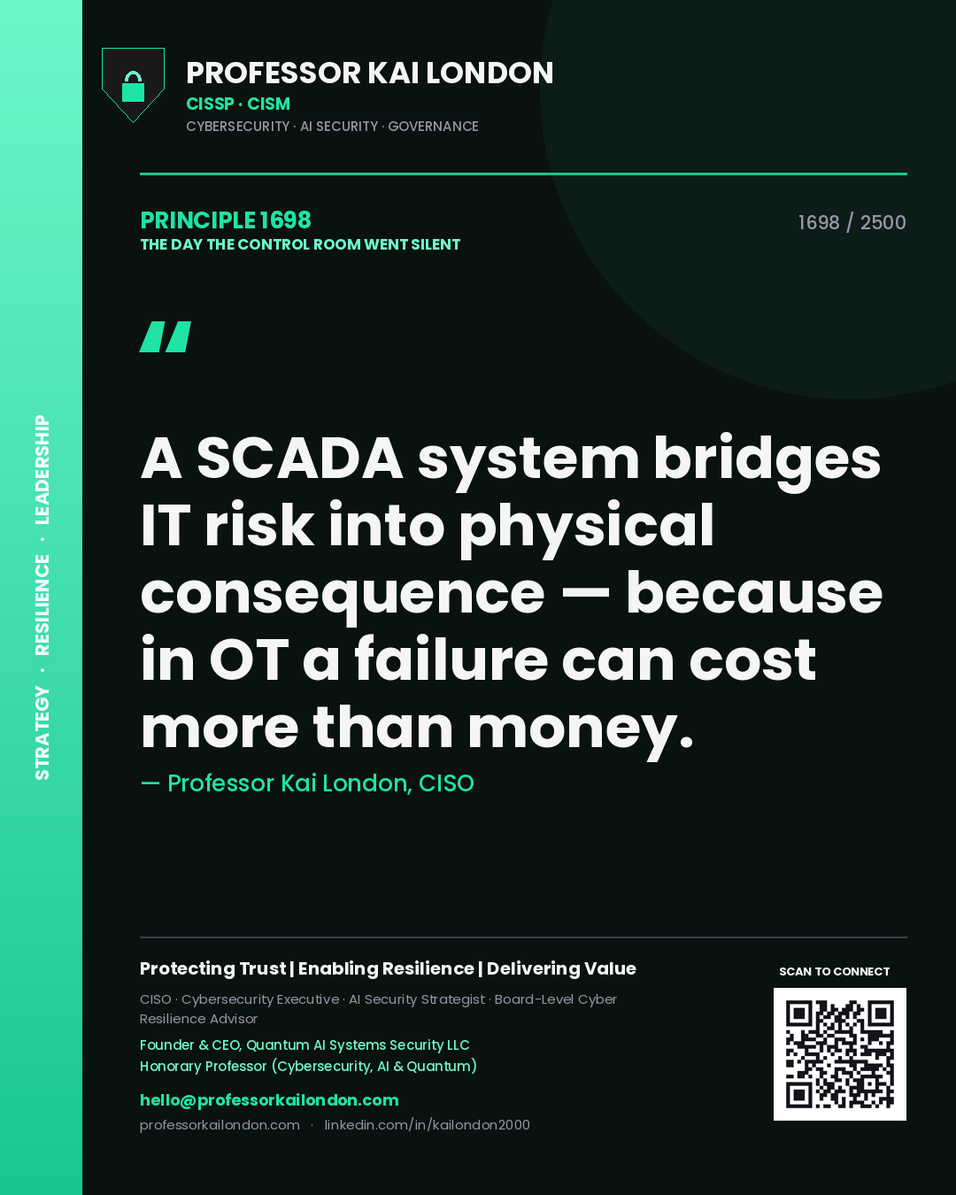 Professor Kai London principle 1698: A SCADA system bridges IT risk into physical consequence — because in OT a failure can cost more than money.