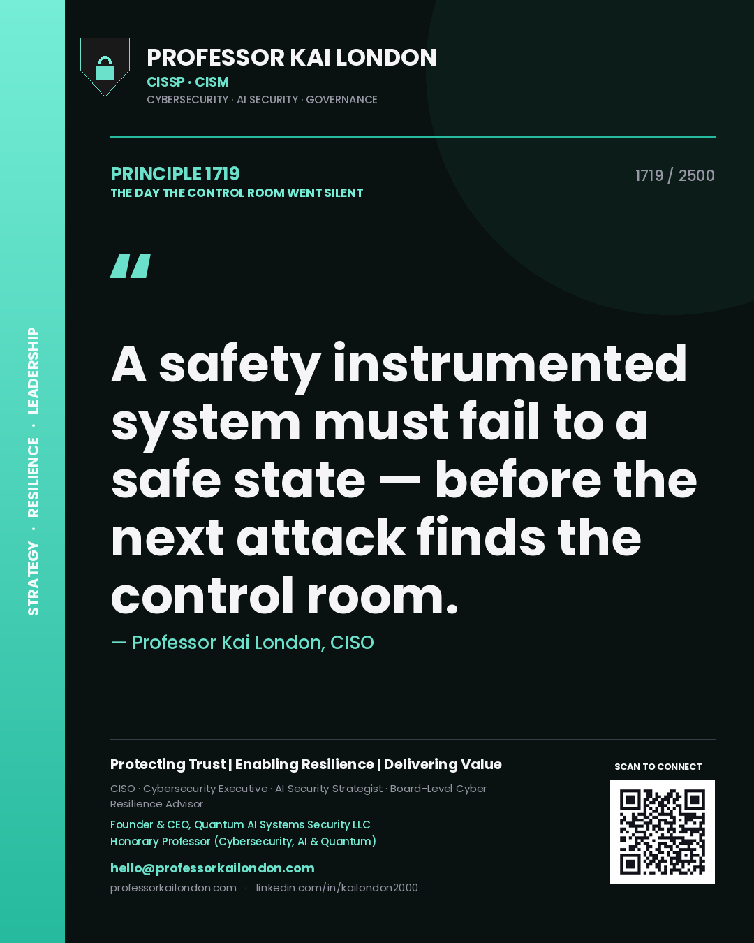 Quote card by Professor Kai London reading 'A safety instrumented system must fail to a safe state — before the next attack finds the control room.'. From the book The Day the Control Room Went Silent.