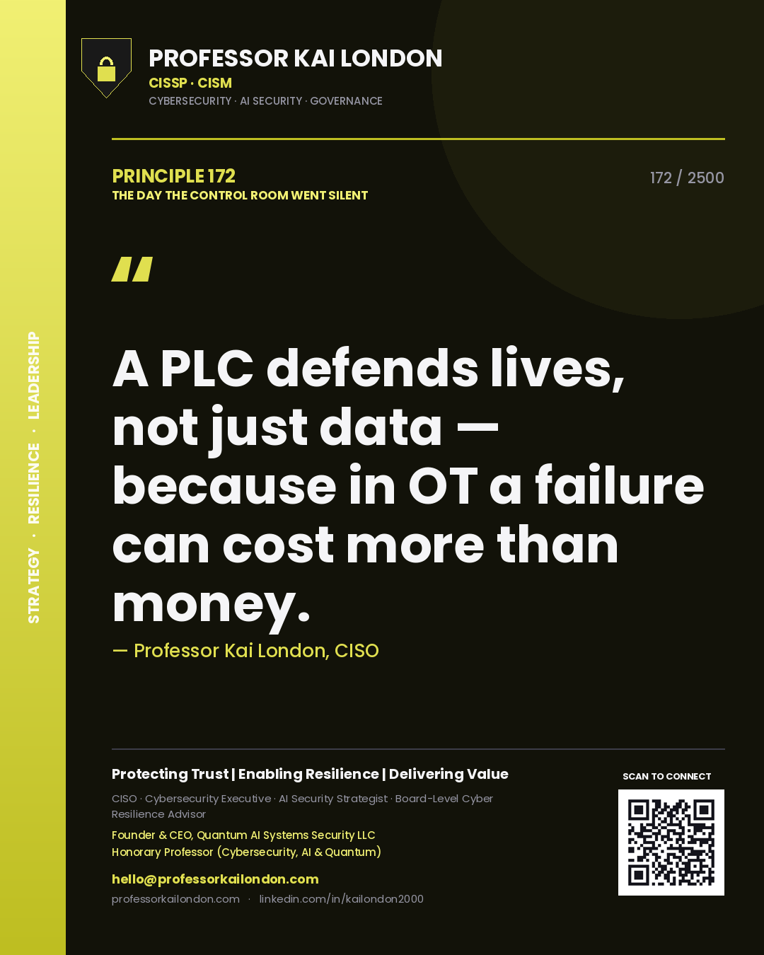 Quote card by Professor Kai London reading 'A PLC defends lives, not just data — because in OT a failure can cost more than money.'. From the book The Day the Control Room Went Silent.