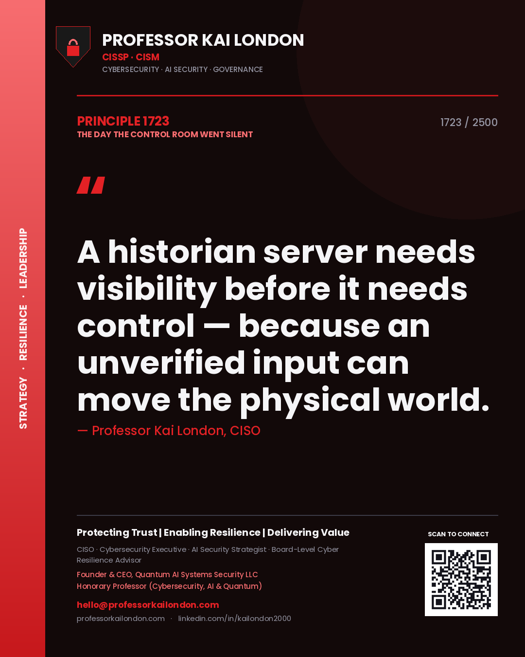 Quote card by Professor Kai London reading 'A historian server needs visibility before it needs control — because an unverified input can move the physical world.'. From the book The Day the Control Room Went Silent.