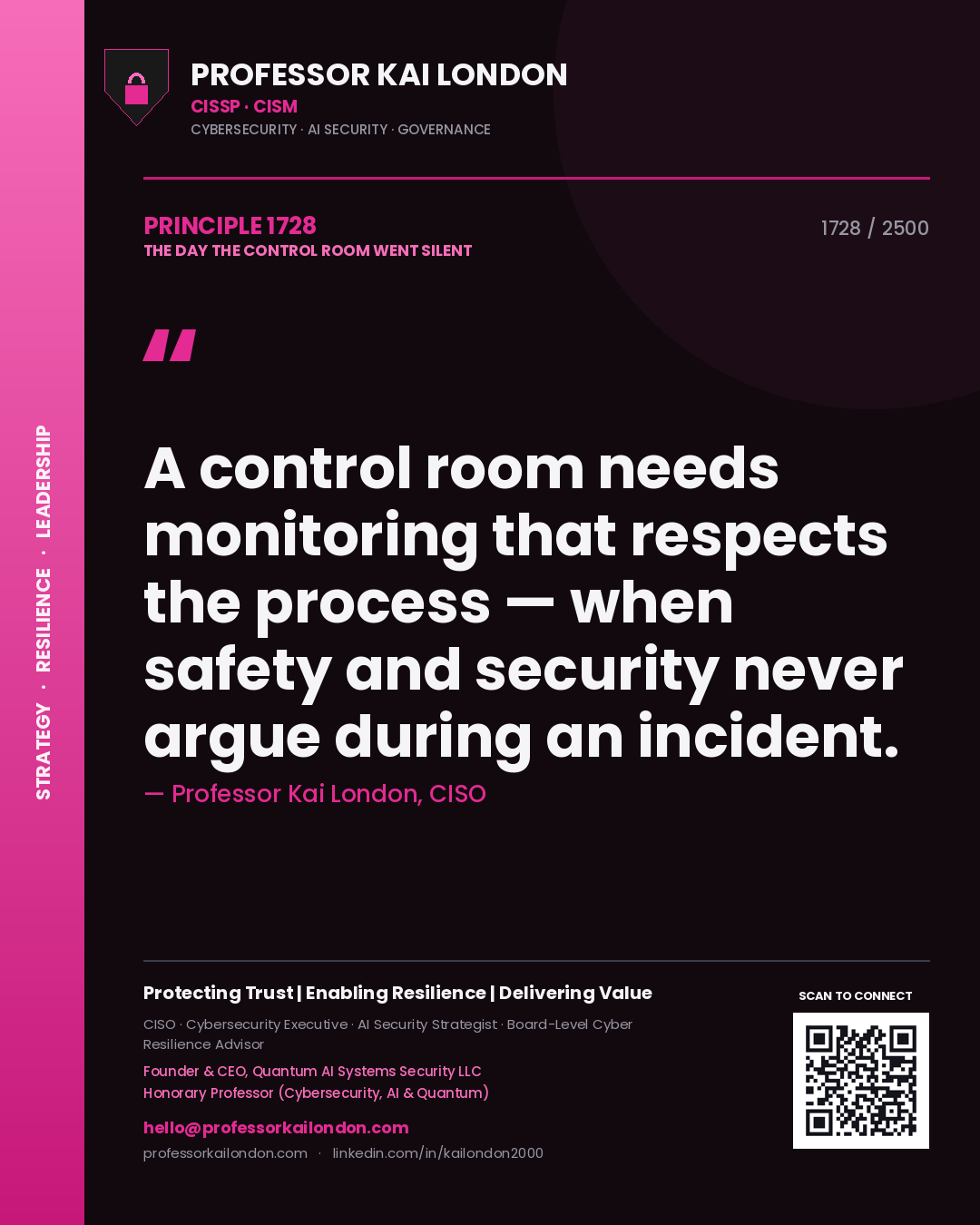 Quote card by Professor Kai London reading 'A control room needs monitoring that respects the process — when safety and security never argue during an incident.'. From the book The Day the Control Room Went Silent.