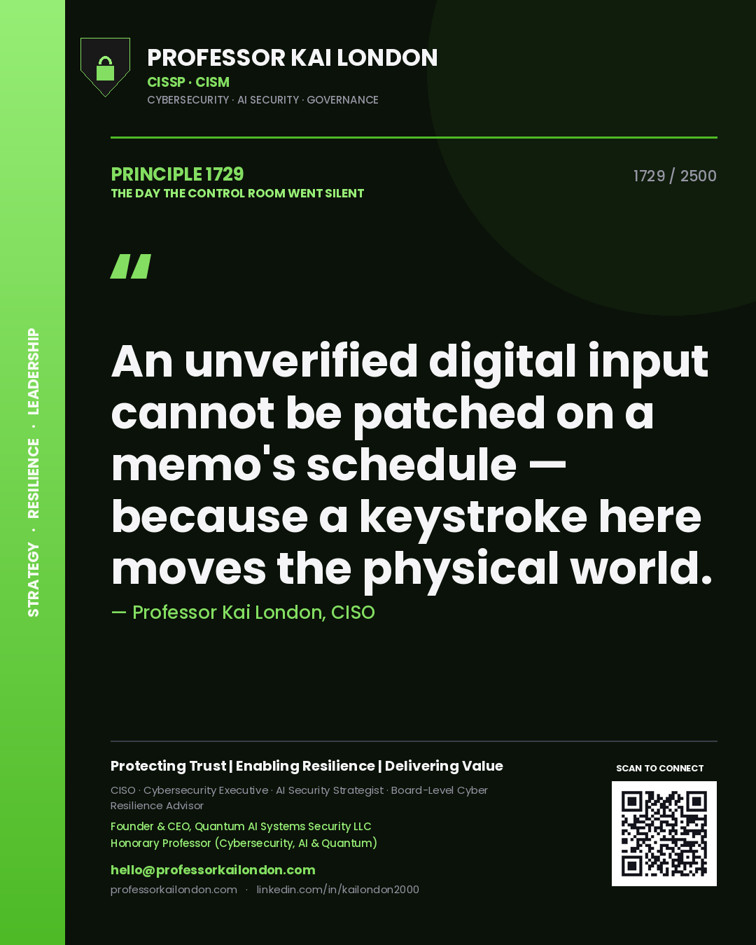 Professor Kai London principle 1729: An unverified digital input cannot be patched on a memo's schedule — because a keystroke here moves the physical world.