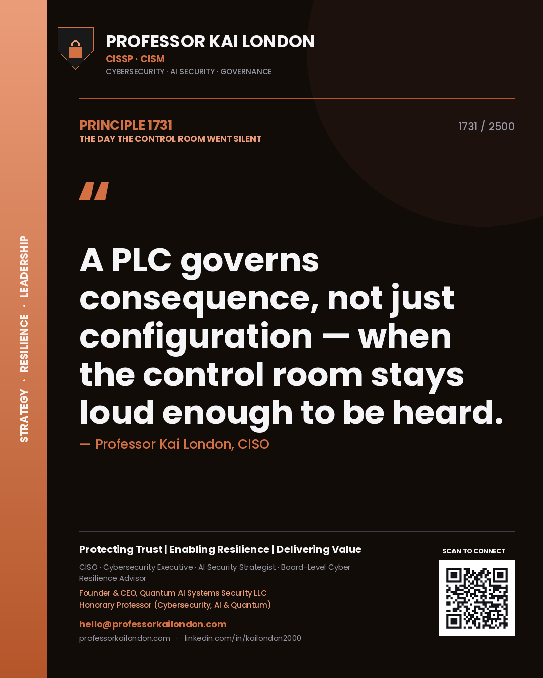 Quote card by Professor Kai London reading 'A PLC governs consequence, not just configuration — when the control room stays loud enough to be heard.'. From the book The Day the Control Room Went Silent.