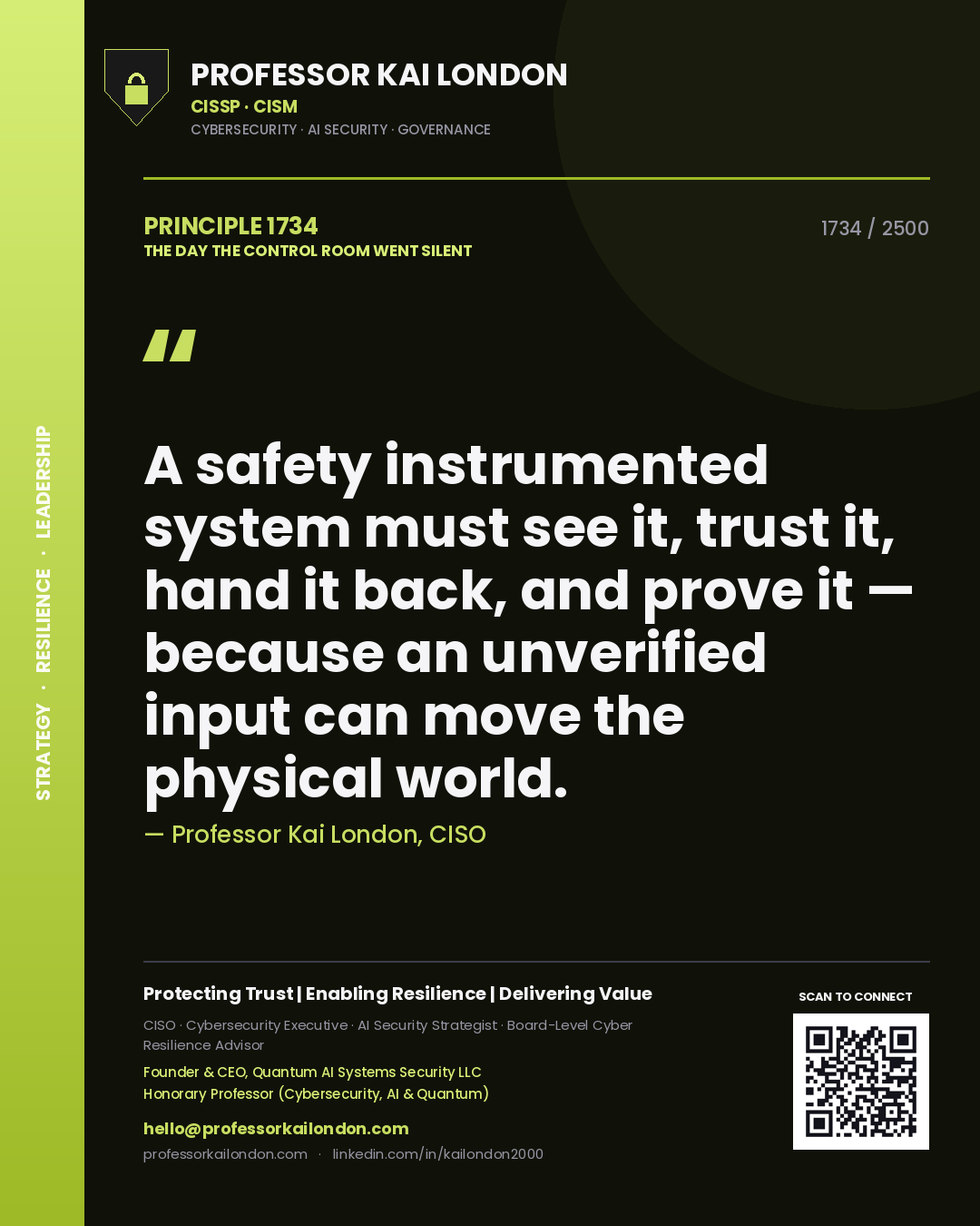 Professor Kai London principle 1734: A safety instrumented system must see it, trust it, hand it back, and prove it — because an unverified input can move the physical world.