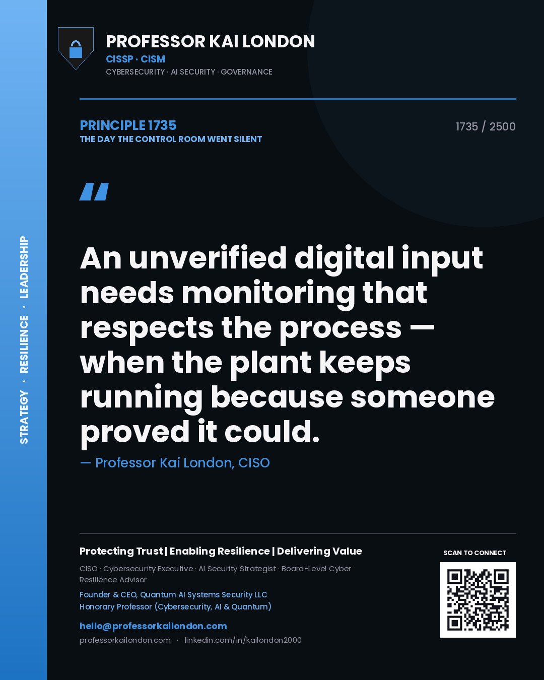 Quote card by Professor Kai London reading 'An unverified digital input needs monitoring that respects the process — when the plant keeps running because someone proved it could.'. From the book The Day the Control Room Went Silent.