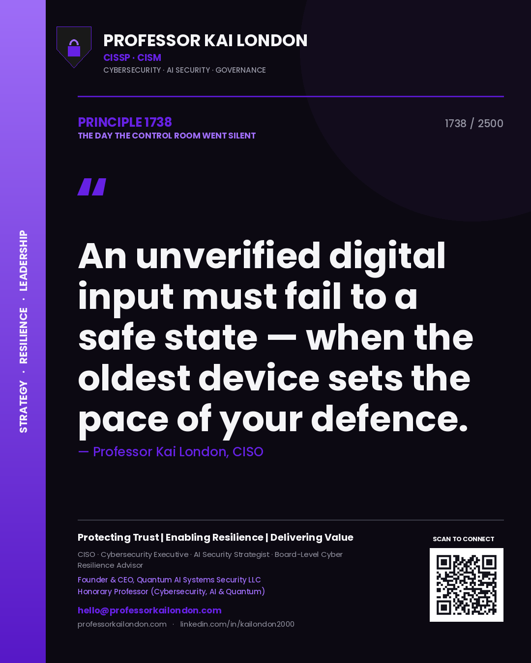 Quote card by Professor Kai London reading 'An unverified digital input must fail to a safe state — when the oldest device sets the pace of your defence.'. From the book The Day the Control Room Went Silent.