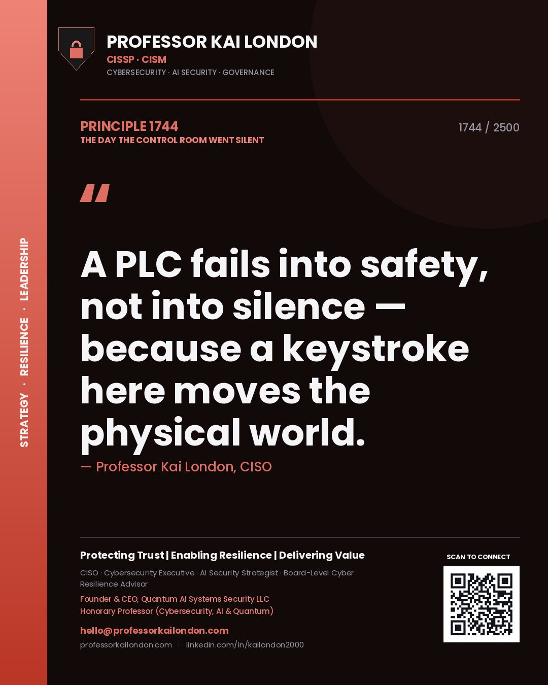 Quote card by Professor Kai London reading 'A PLC fails into safety, not into silence — because a keystroke here moves the physical world.'. From the book The Day the Control Room Went Silent.
