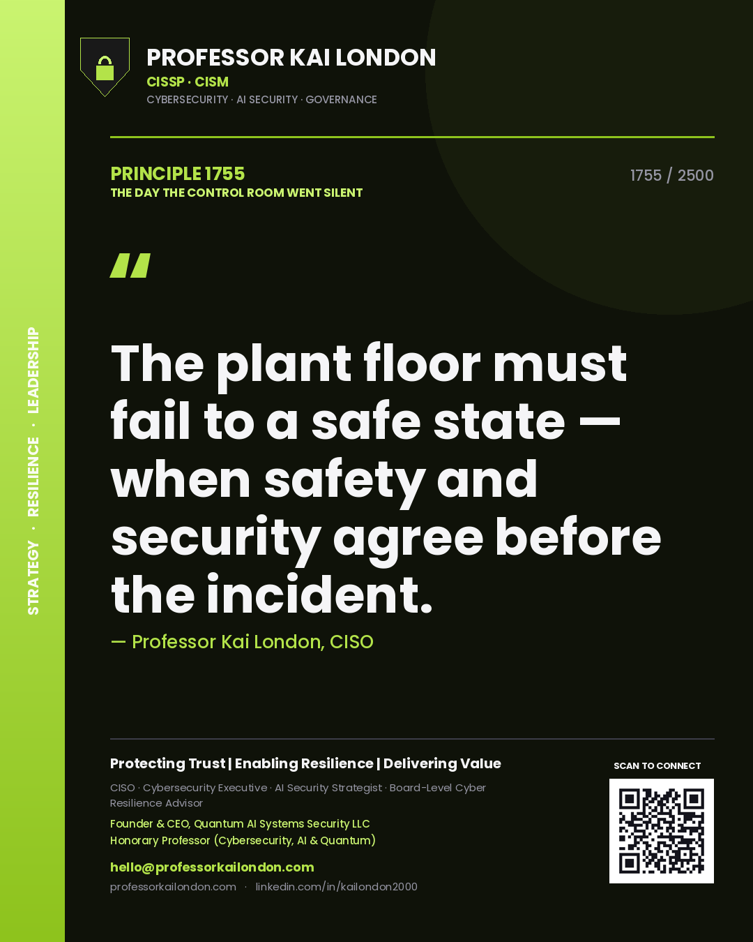 Quote card by Professor Kai London reading 'The plant floor must fail to a safe state — when safety and security agree before the incident.'. From the book The Day the Control Room Went Silent.