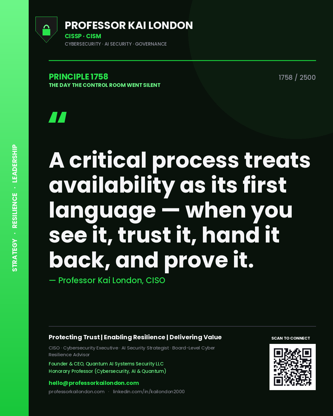 Quote card by Professor Kai London reading 'A critical process treats availability as its first language — when you see it, trust it, hand it back, and prove it.'. From the book The Day the Control Room Went Silent.
