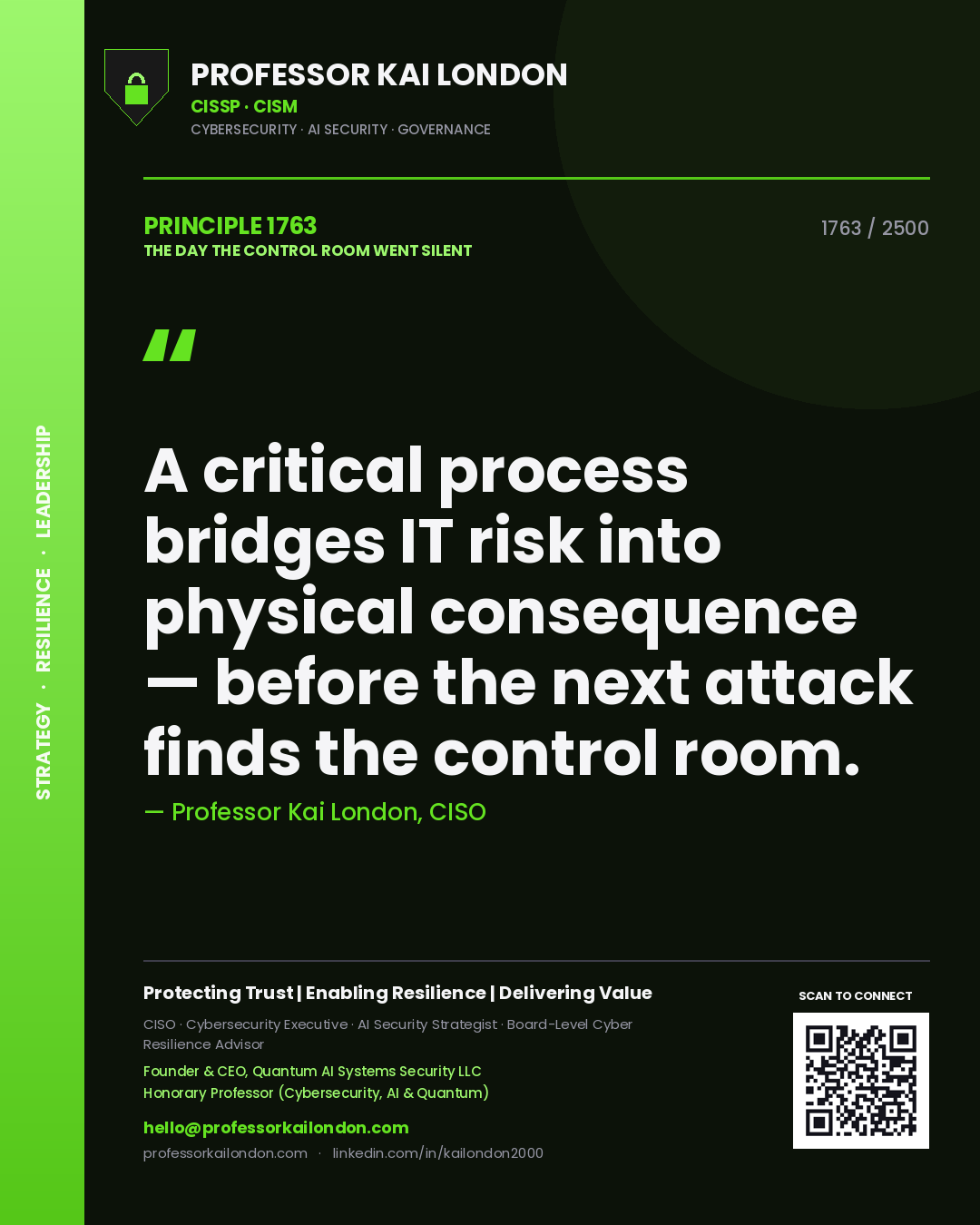 Quote card by Professor Kai London reading 'A critical process bridges IT risk into physical consequence — before the next attack finds the control room.'. From the book The Day the Control Room Went Silent.