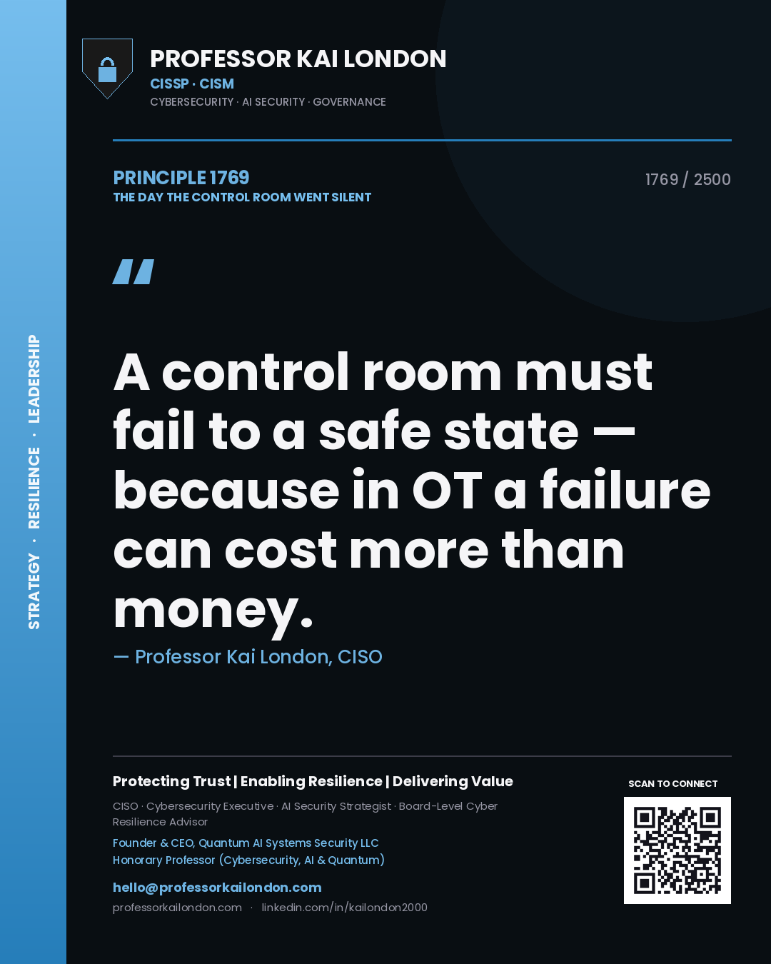 Professor Kai London principle 1769: A control room must fail to a safe state — because in OT a failure can cost more than money.
