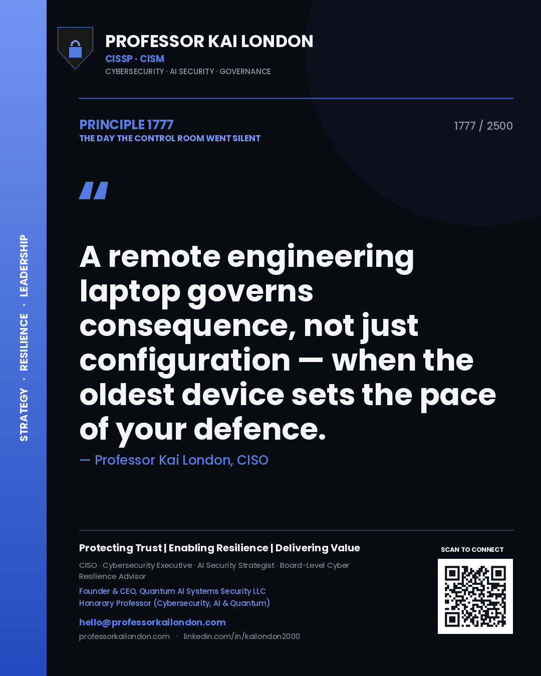 Quote card by Professor Kai London reading 'A remote engineering laptop governs consequence, not just configuration — when the oldest device sets the pace of your defence.'. From the book The Day the Control Room Went Silent.