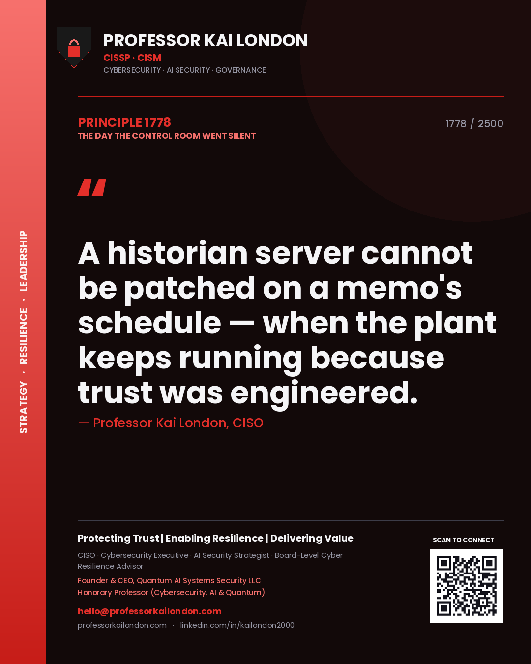 Quote card by Professor Kai London reading 'A historian server cannot be patched on a memo's schedule — when the plant keeps running because trust was engineered.'. From the book The Day the Control Room Went Silent.