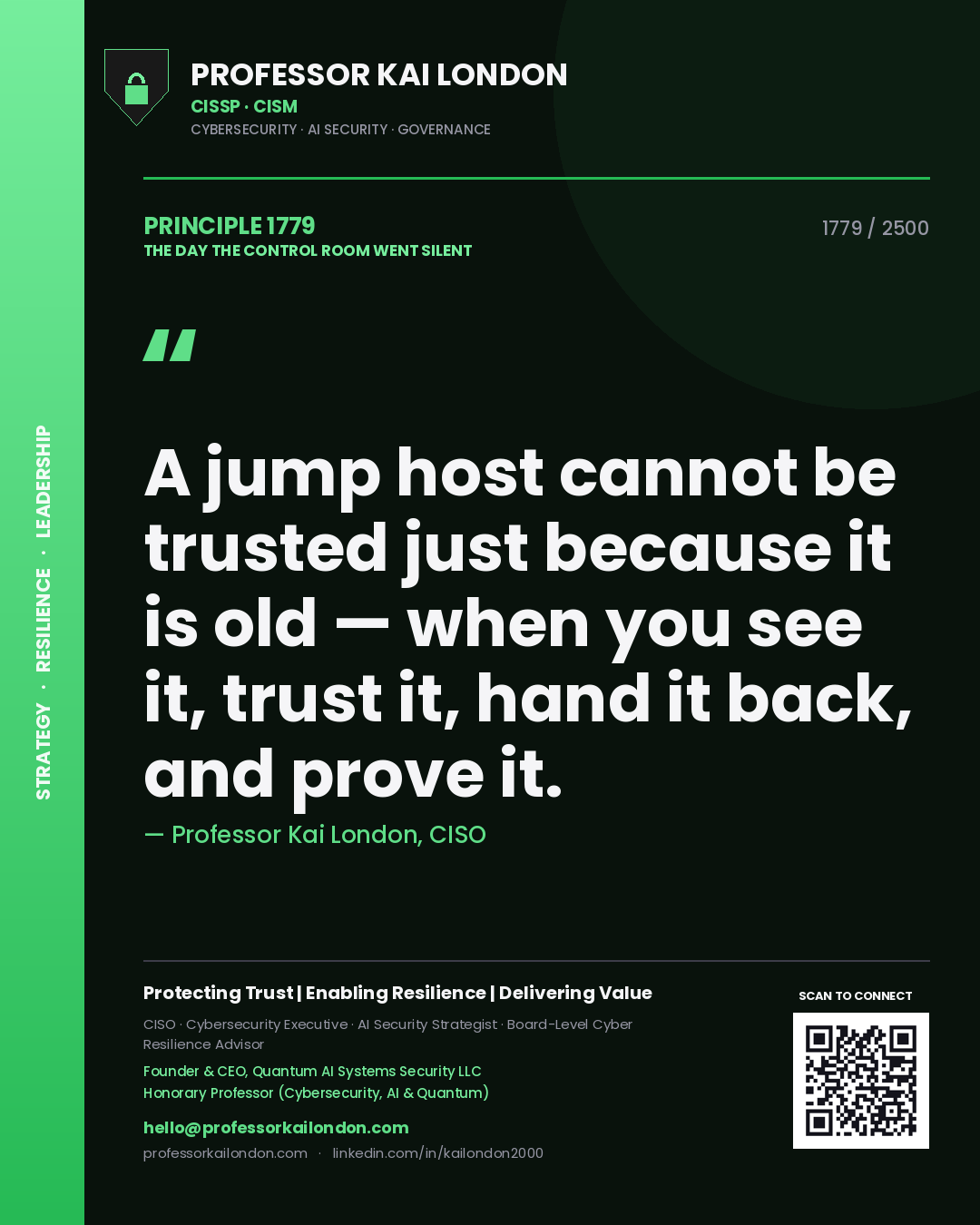 Professor Kai London principle 1779: A jump host cannot be trusted just because it is old — when you see it, trust it, hand it back, and prove it.