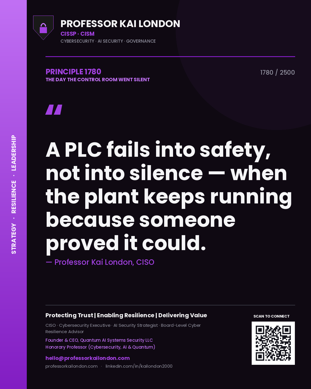 Quote card by Professor Kai London reading 'A PLC fails into safety, not into silence — when the plant keeps running because someone proved it could.'. From the book The Day the Control Room Went Silent.