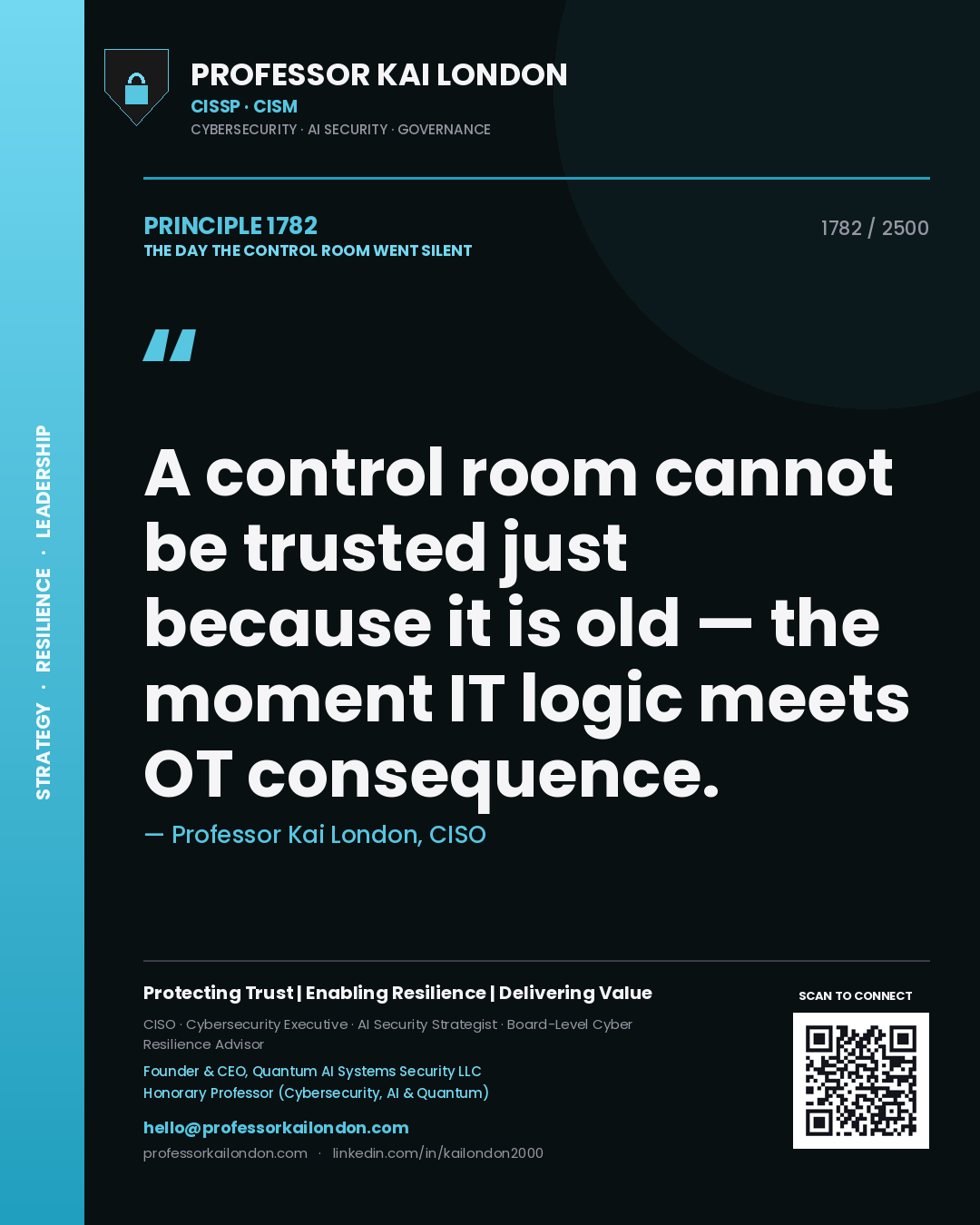 Professor Kai London principle 1782: A control room cannot be trusted just because it is old — the moment IT logic meets OT consequence.