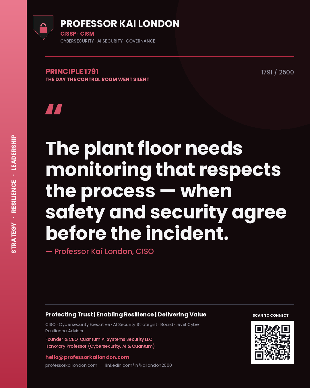 Quote card by Professor Kai London reading 'The plant floor needs monitoring that respects the process — when safety and security agree before the incident.'. From the book The Day the Control Room Went Silent.