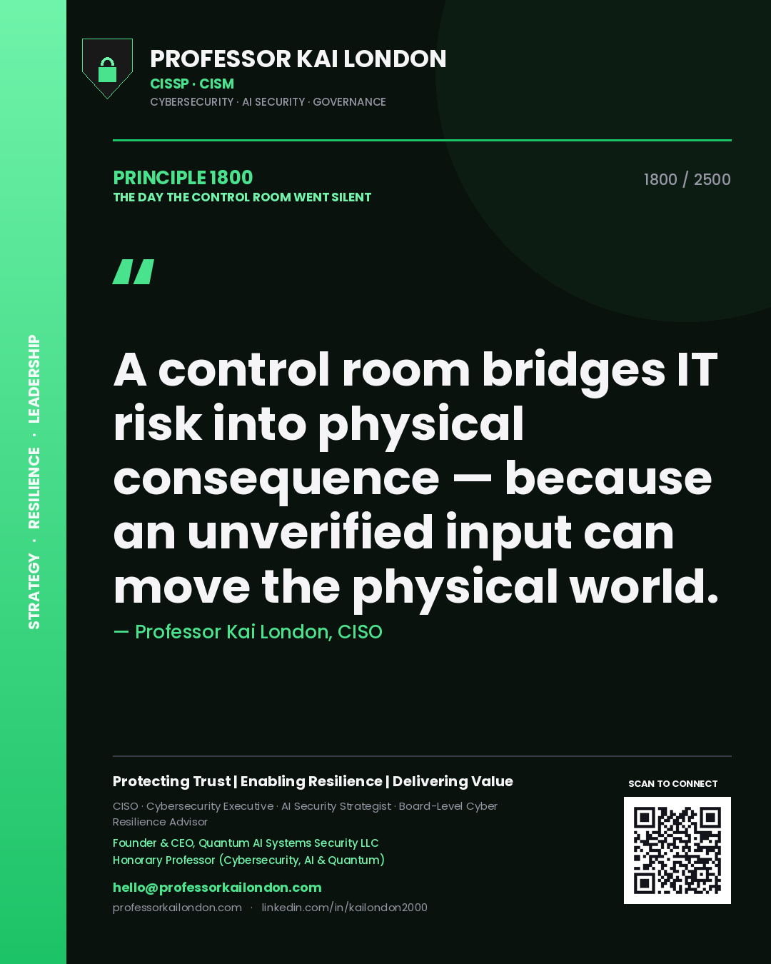 Quote card by Professor Kai London reading 'A control room bridges IT risk into physical consequence — because an unverified input can move the physical world.'. From the book The Day the Control Room Went Silent.