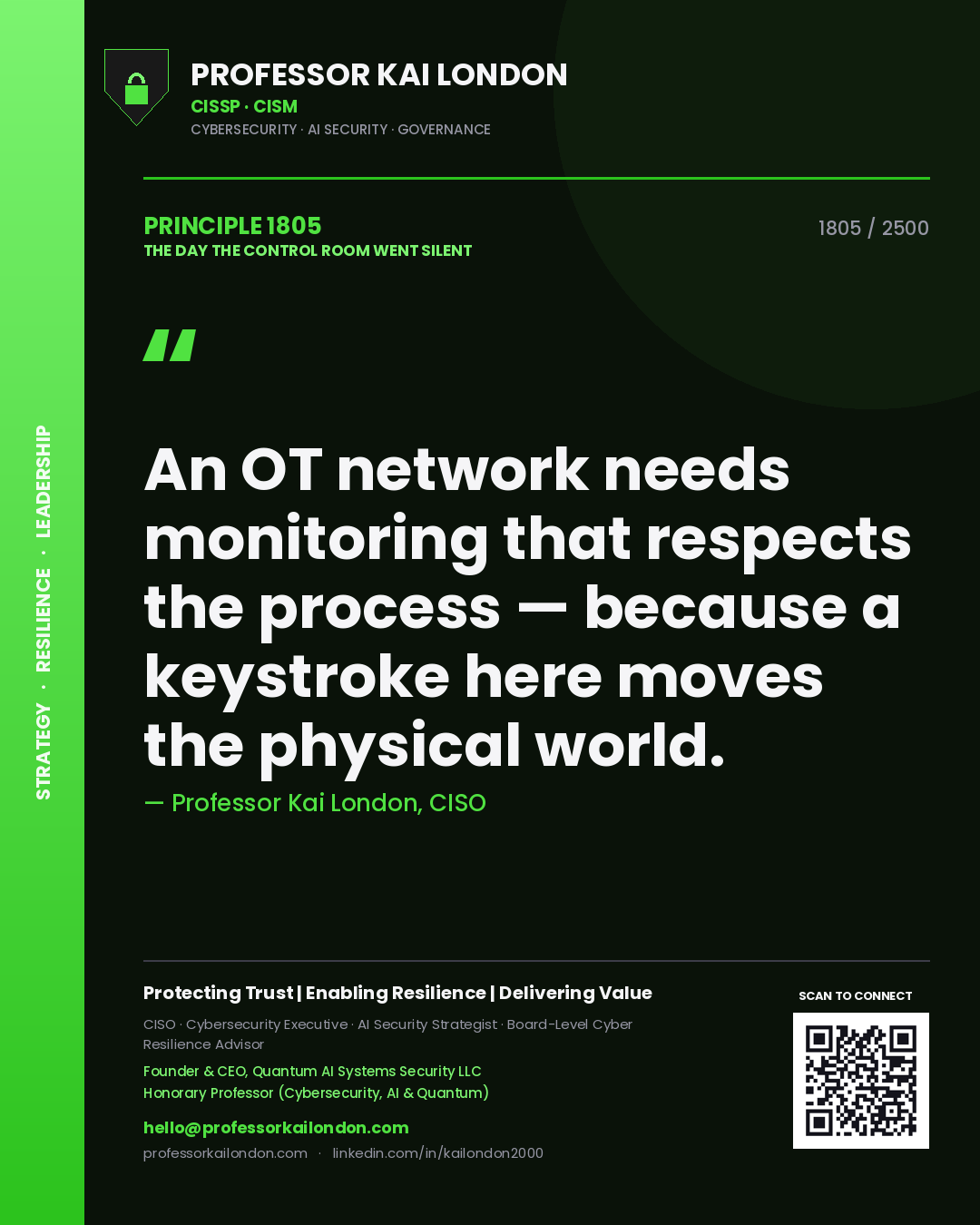 Professor Kai London principle 1805: An OT network needs monitoring that respects the process — because a keystroke here moves the physical world.