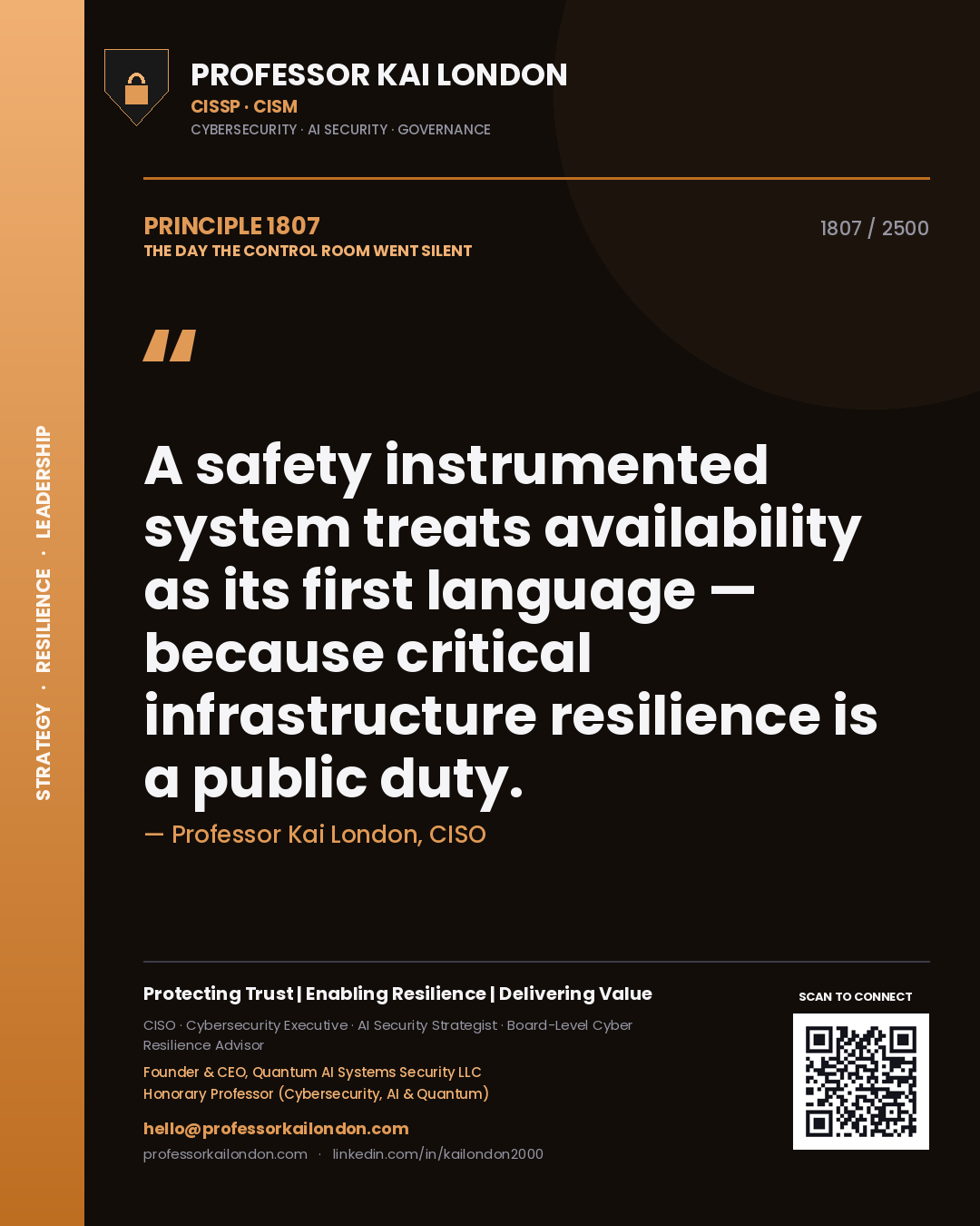 Professor Kai London principle 1807: A safety instrumented system treats availability as its first language — because critical infrastructure resilience is a public duty.