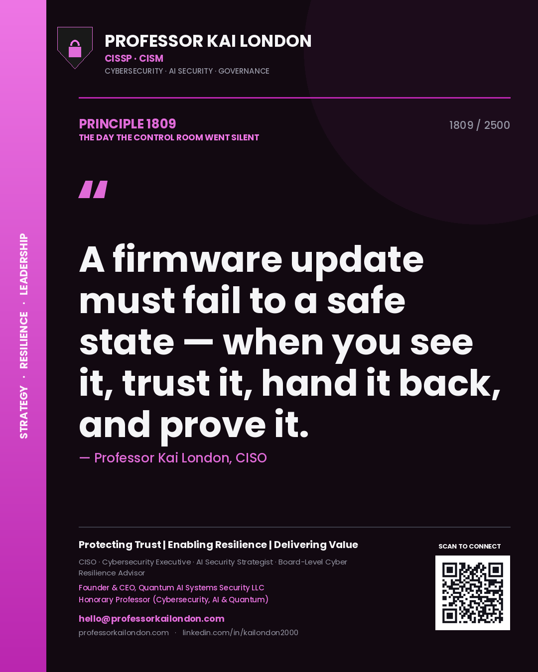 Professor Kai London principle 1809: A firmware update must fail to a safe state — when you see it, trust it, hand it back, and prove it.
