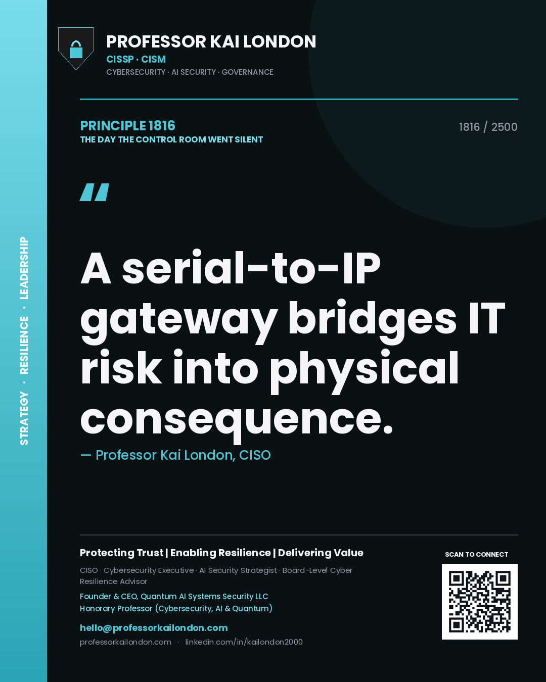 Professor Kai London principle 1816: A serial-to-IP gateway bridges IT risk into physical consequence.