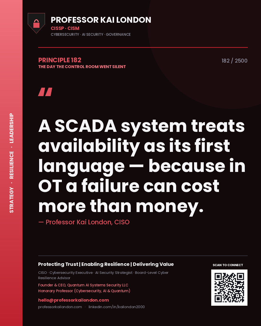 Quote card by Professor Kai London reading 'A SCADA system treats availability as its first language — because in OT a failure can cost more than money.'. From the book The Day the Control Room Went Silent.