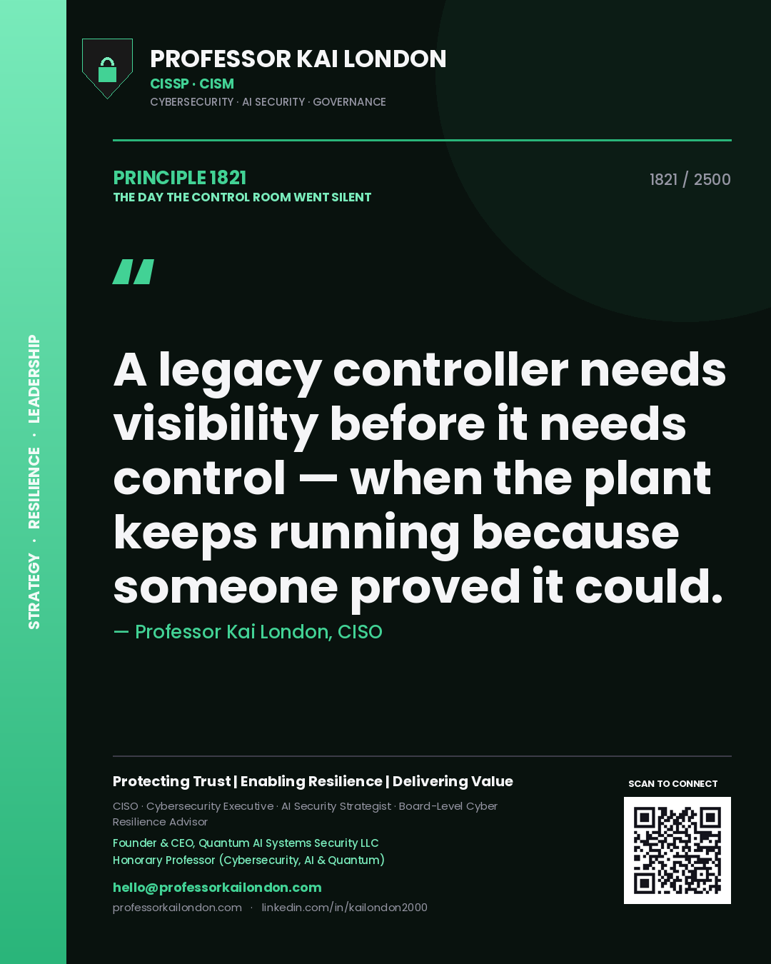 Professor Kai London principle 1821: A legacy controller needs visibility before it needs control — when the plant keeps running because someone proved it could.