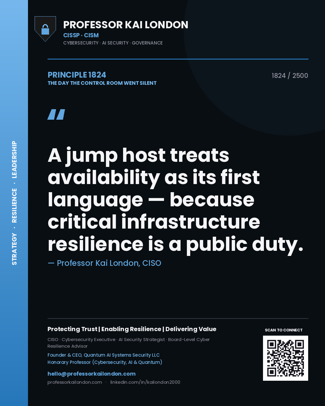 Quote card by Professor Kai London reading 'A jump host treats availability as its first language — because critical infrastructure resilience is a public duty.'. From the book The Day the Control Room Went Silent.