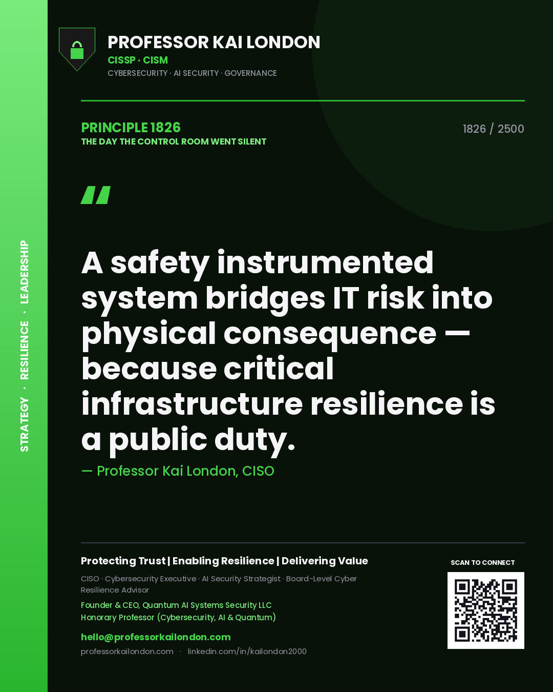 Quote card by Professor Kai London reading 'A safety instrumented system bridges IT risk into physical consequence — because critical infrastructure resilience is a public duty.'. From the book The Day the Control Room Went Silent.