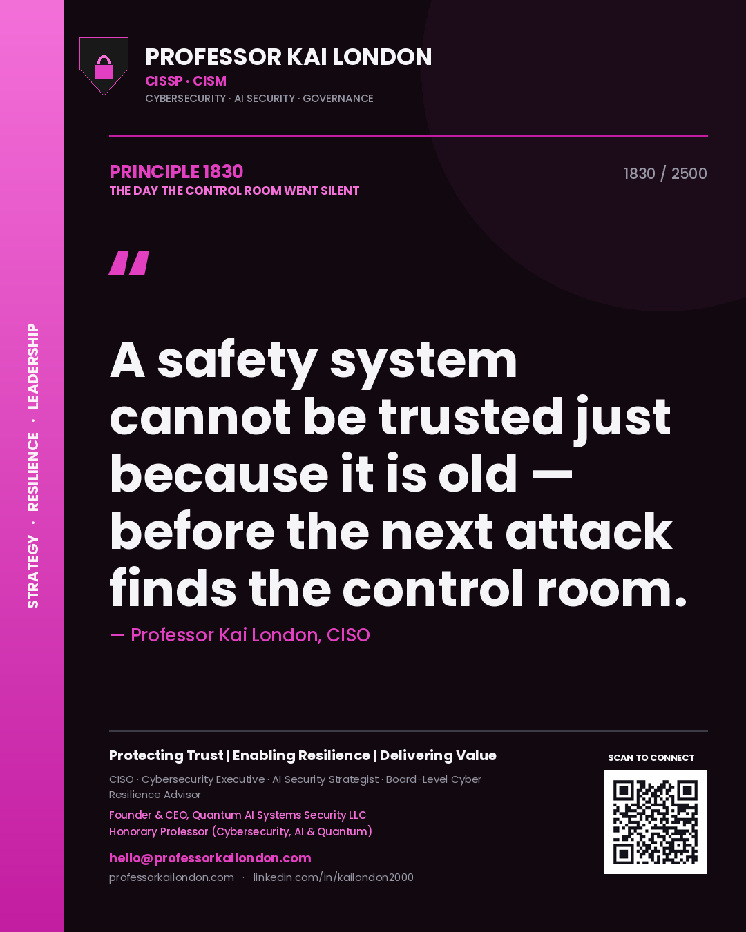 Professor Kai London principle 1830: A safety system cannot be trusted just because it is old — before the next attack finds the control room.