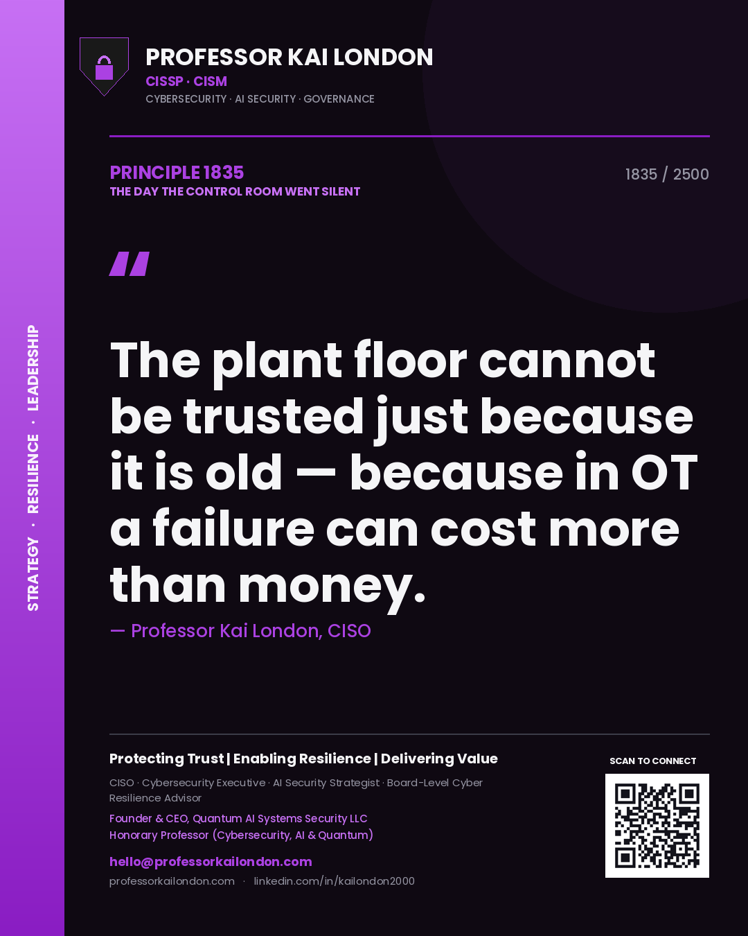 Quote card by Professor Kai London reading 'The plant floor cannot be trusted just because it is old — because in OT a failure can cost more than money.'. From the book The Day the Control Room Went Silent.