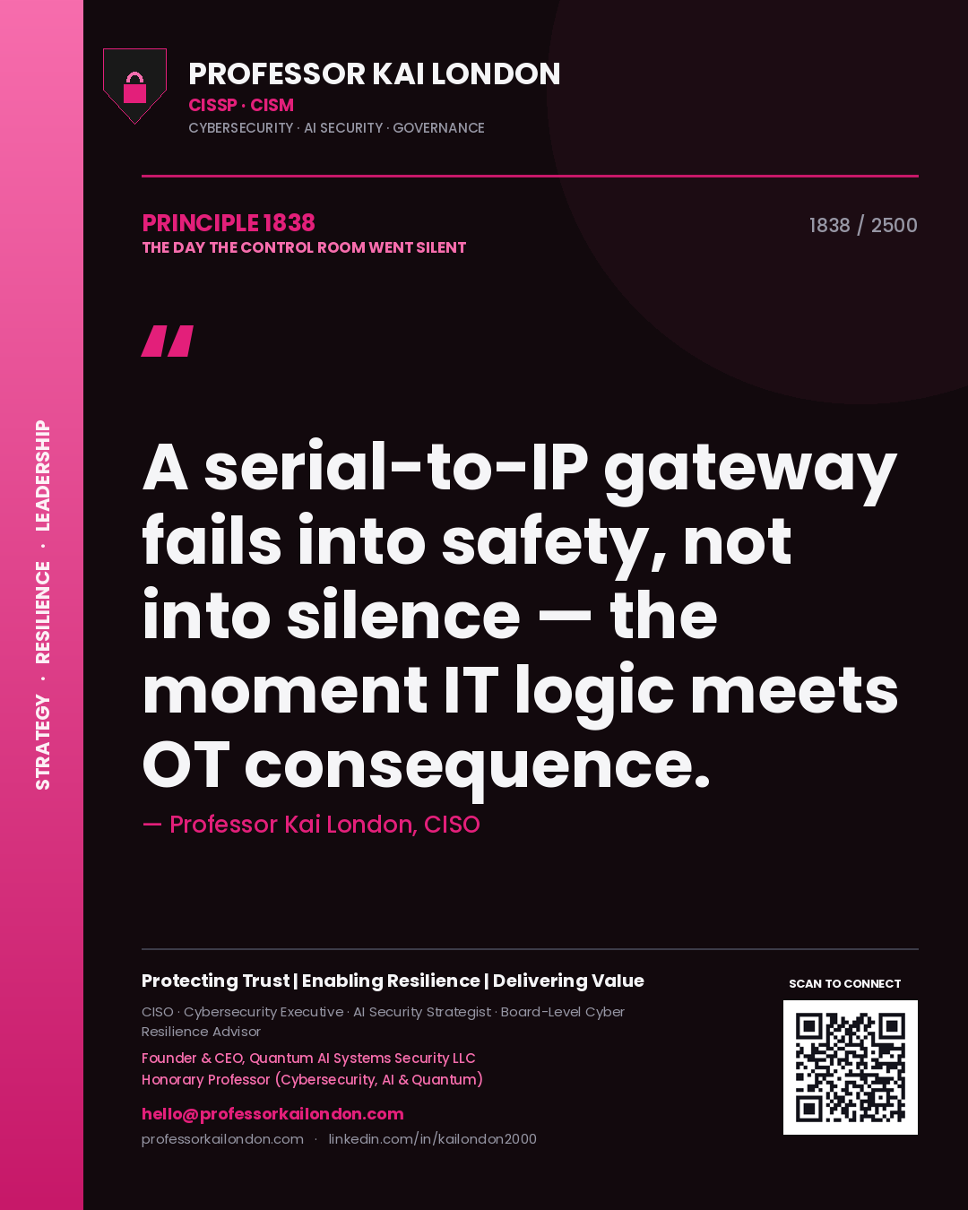 Quote card by Professor Kai London reading 'A serial-to-IP gateway fails into safety, not into silence — the moment IT logic meets OT consequence.'. From the book The Day the Control Room Went Silent.