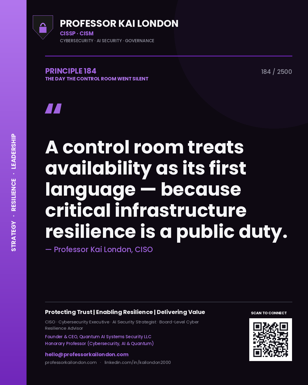 Quote card by Professor Kai London reading 'A control room treats availability as its first language — because critical infrastructure resilience is a public duty.'. From the book The Day the Control Room Went Silent.