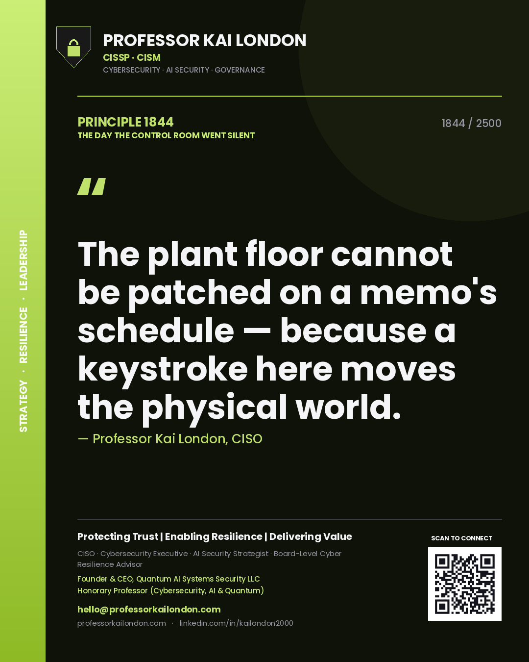 Professor Kai London principle 1844: The plant floor cannot be patched on a memo's schedule — because a keystroke here moves the physical world.
