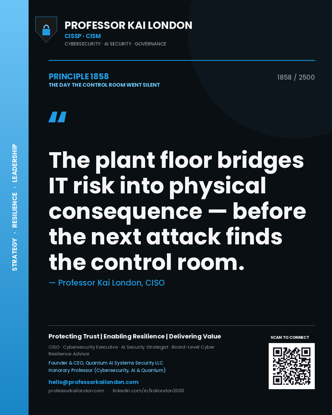 Quote card by Professor Kai London reading 'The plant floor bridges IT risk into physical consequence — before the next attack finds the control room.'. From the book The Day the Control Room Went Silent.