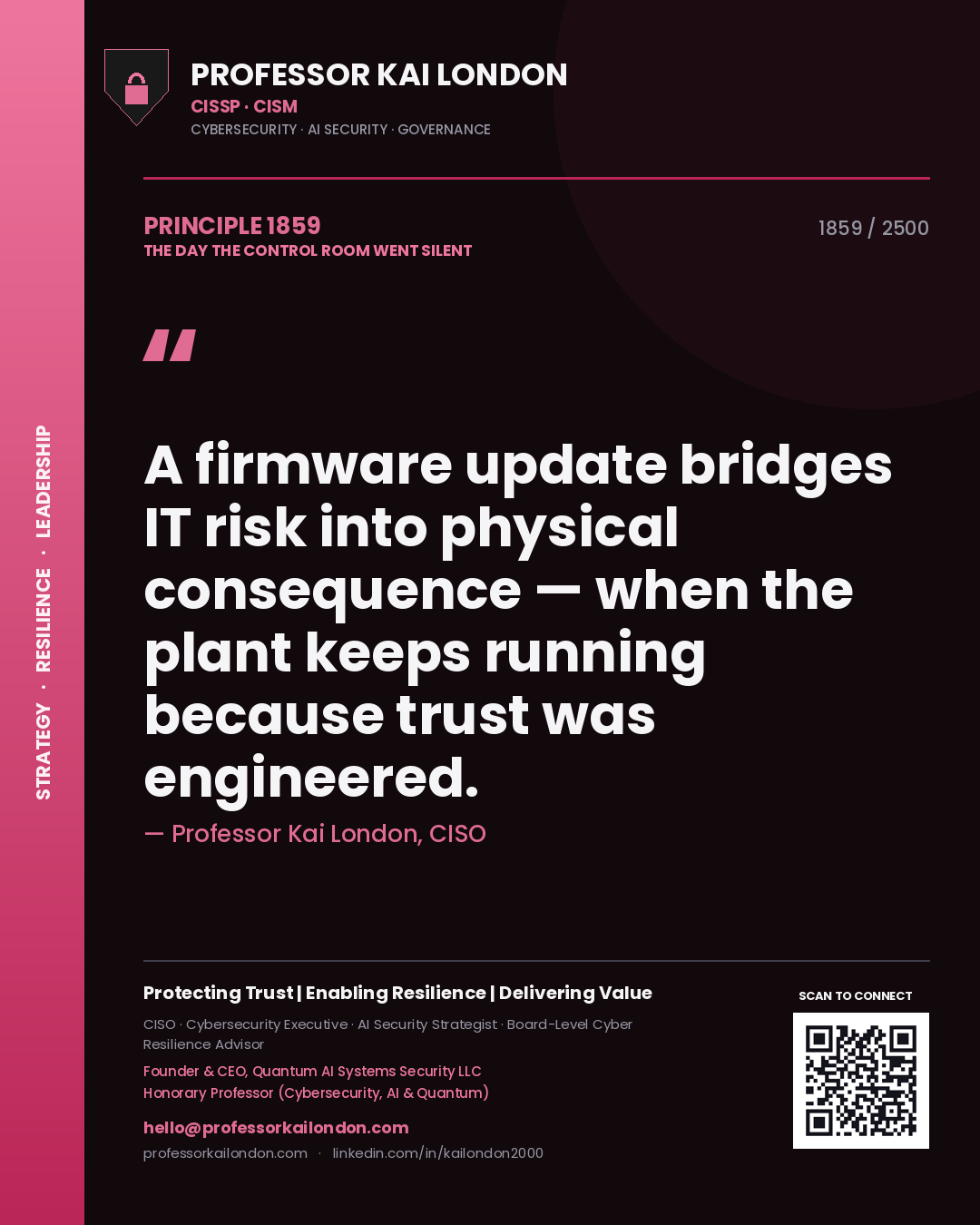 Professor Kai London principle 1859: A firmware update bridges IT risk into physical consequence — when the plant keeps running because trust was engineered.