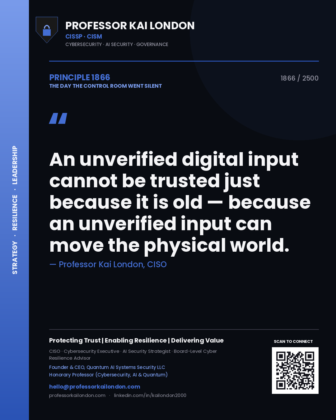 Professor Kai London principle 1866: An unverified digital input cannot be trusted just because it is old — because an unverified input can move the physical world.