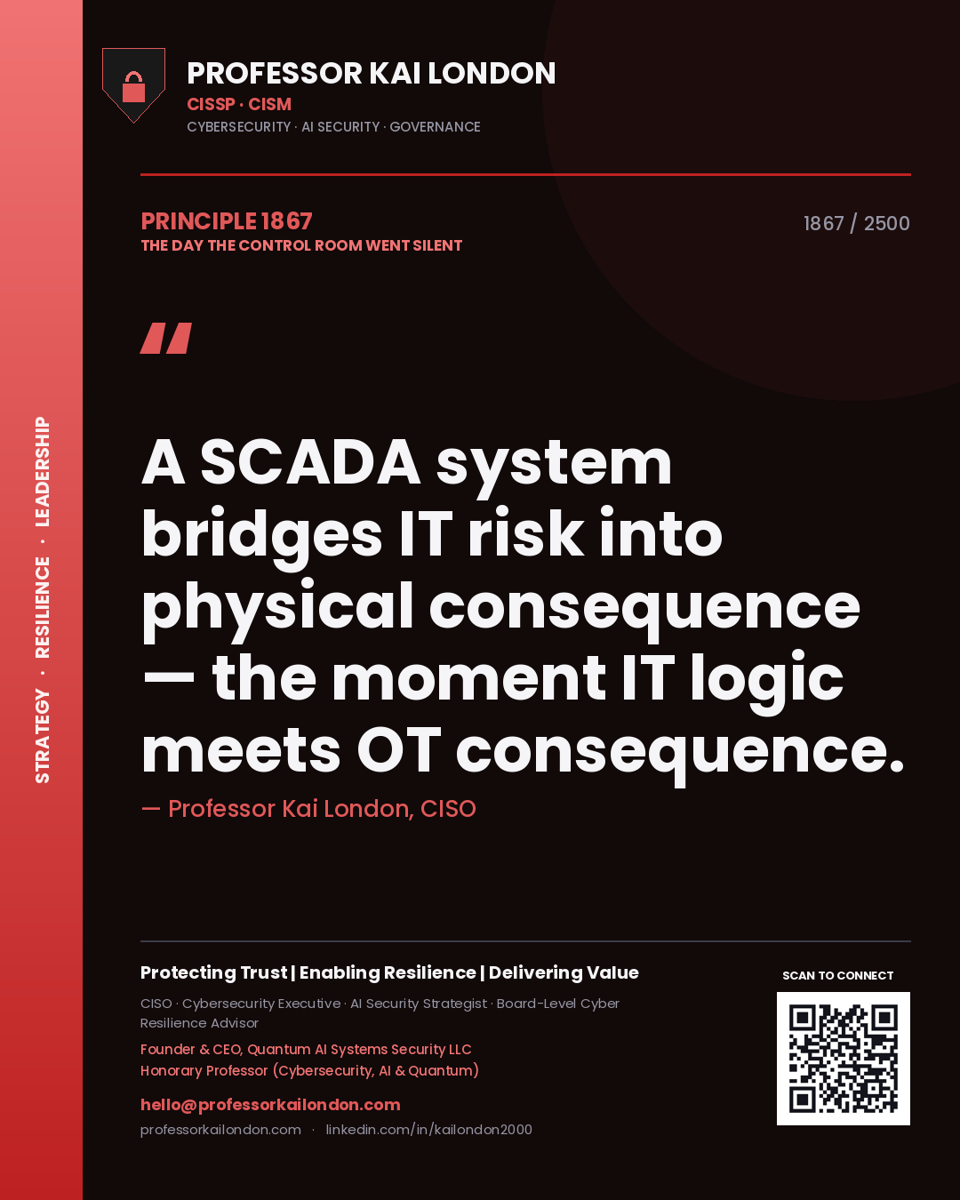 Quote card by Professor Kai London reading 'A SCADA system bridges IT risk into physical consequence — the moment IT logic meets OT consequence.'. From the book The Day the Control Room Went Silent.
