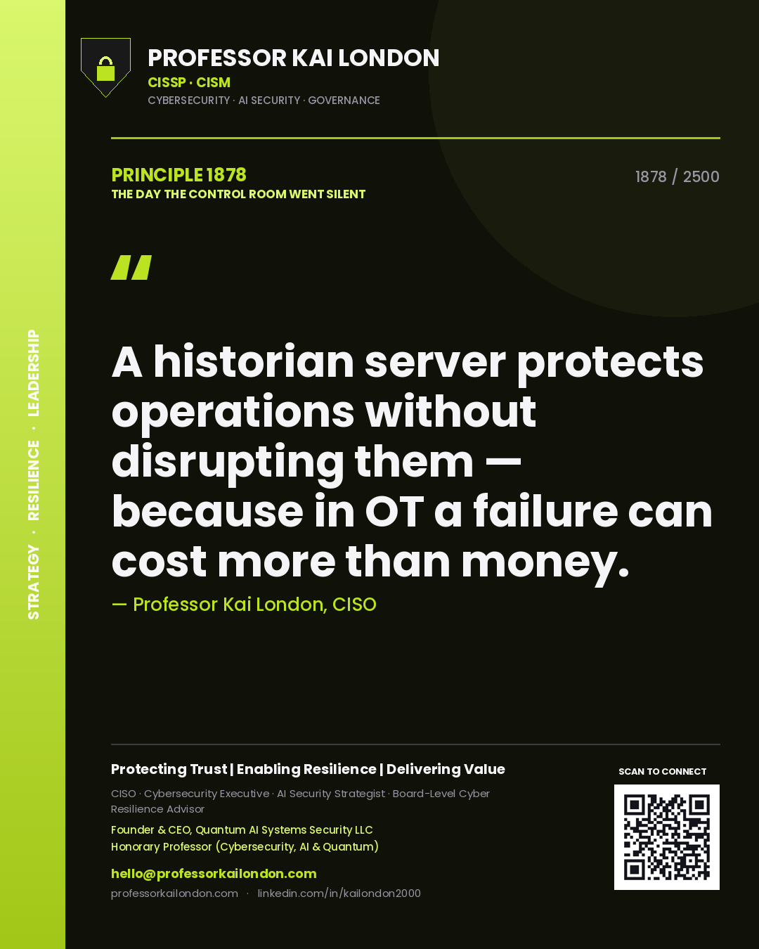 Professor Kai London principle 1878: A historian server protects operations without disrupting them — because in OT a failure can cost more than money.