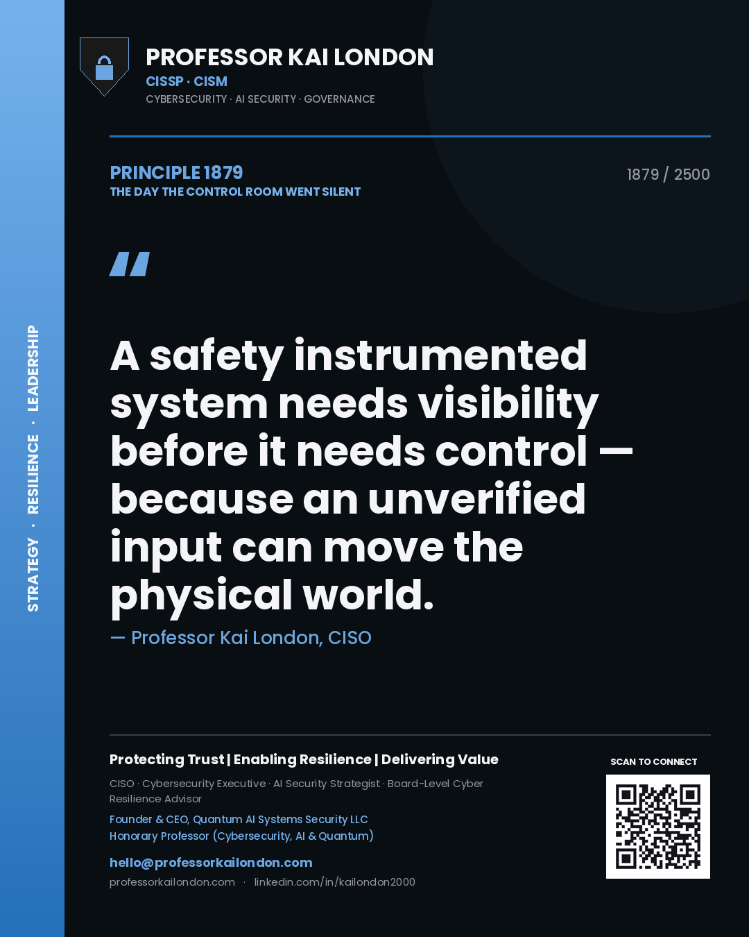 Professor Kai London principle 1879: A safety instrumented system needs visibility before it needs control — because an unverified input can move the physical world.