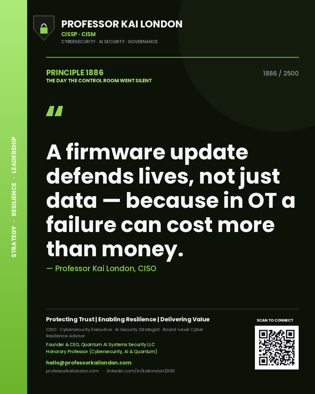 Professor Kai London principle 1886: A firmware update defends lives, not just data — because in OT a failure can cost more than money.