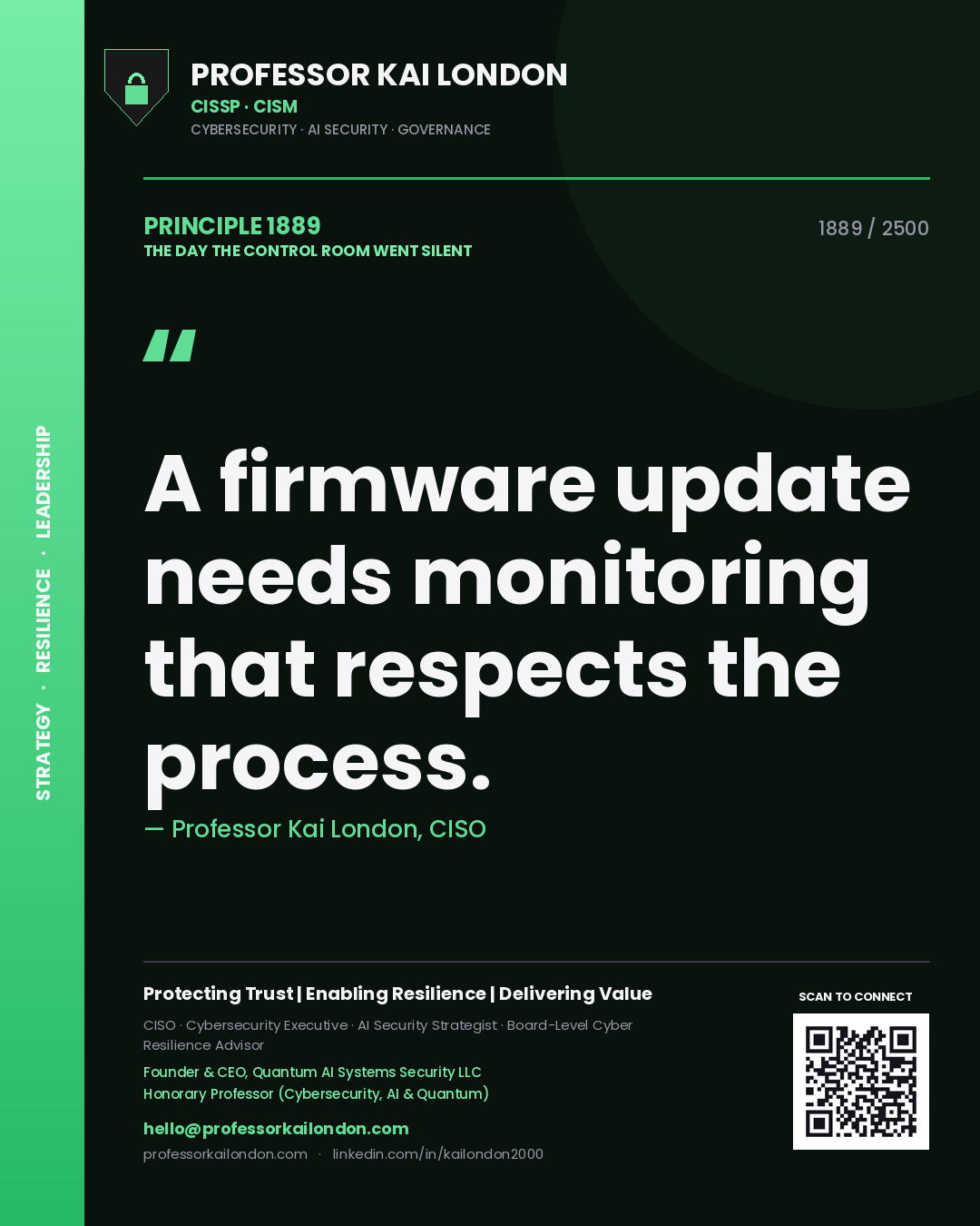 Quote card by Professor Kai London reading 'A firmware update needs monitoring that respects the process.'. From the book The Day the Control Room Went Silent.