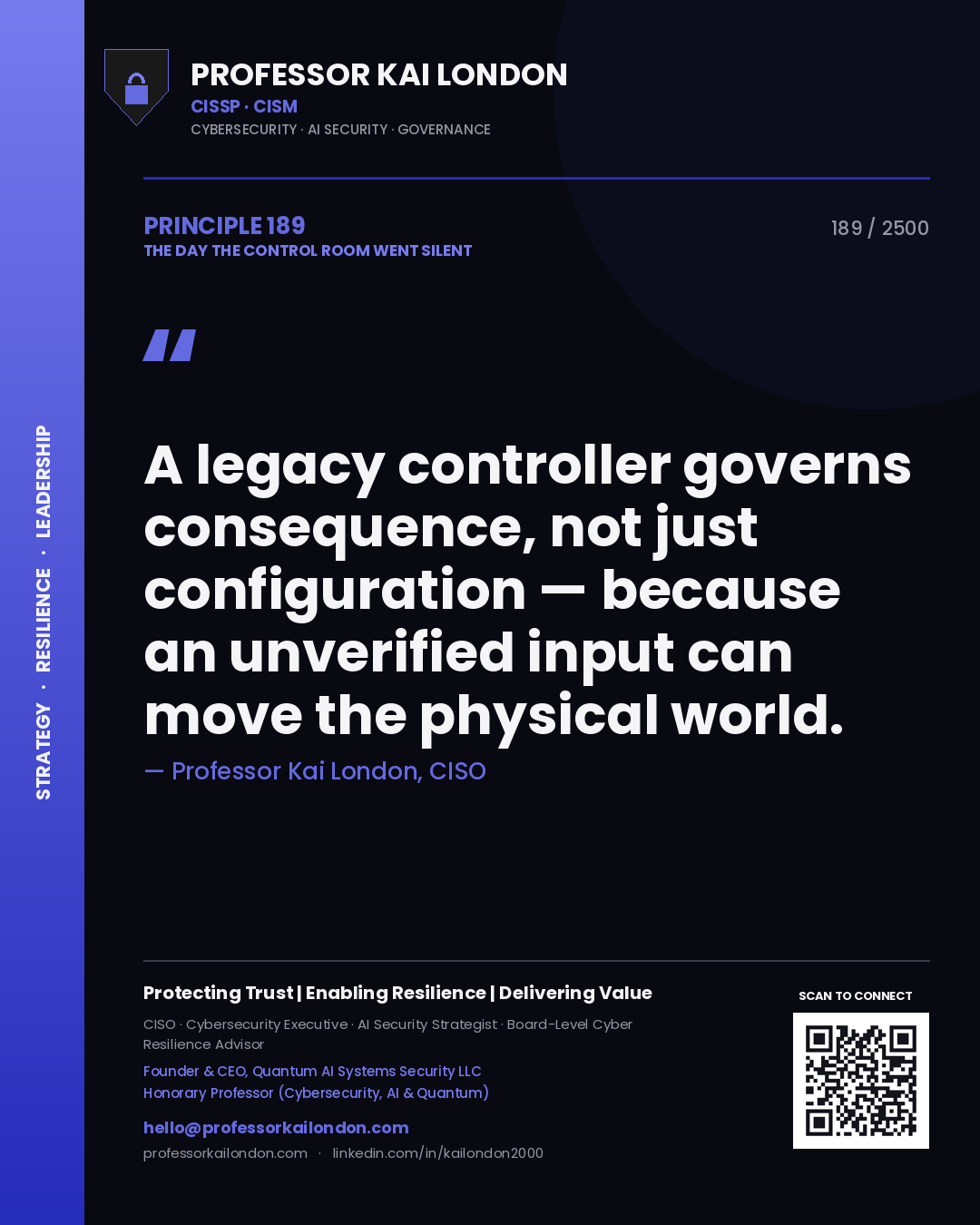 Quote card by Professor Kai London reading 'A legacy controller governs consequence, not just configuration — because an unverified input can move the physical world.'. From the book The Day the Control Room Went Silent.