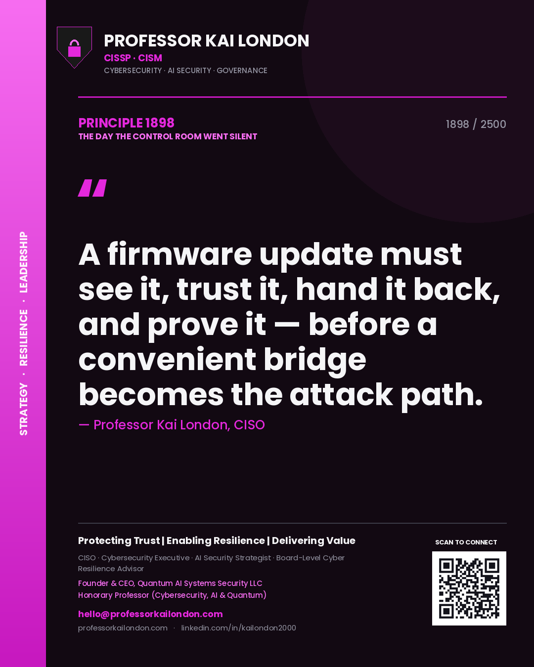 Quote card by Professor Kai London reading 'A firmware update must see it, trust it, hand it back, and prove it — before a convenient bridge becomes the attack path.'. From the book The Day the Control Room Went Silent.